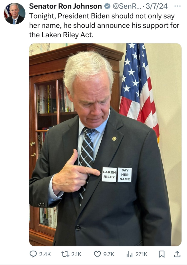 Sen. Johnson wears Laken Riley pin