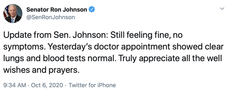 Tweet about Sen. Johnson's COVID diagnosis 