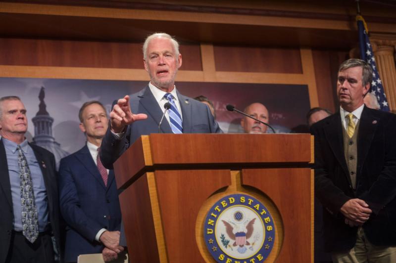 Sen. Johnson at podium for senate news conference on border
